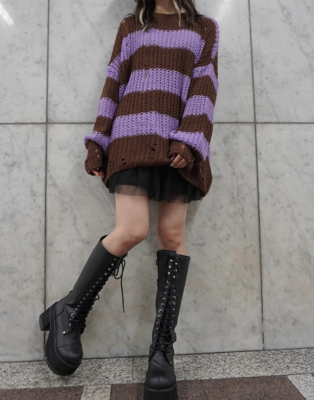 D-due オーバーニット　ボーダー ラウンドネックオーバーサイズ長袖ボーダーニット | レディース