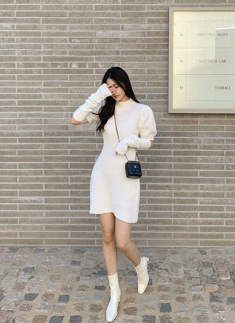 アームウォーマー付ミニ丈ニットワンピース | レディースファッション  