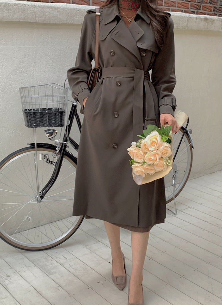 ベルト付ダブルボタンロングトレンチコート | レディースファッション