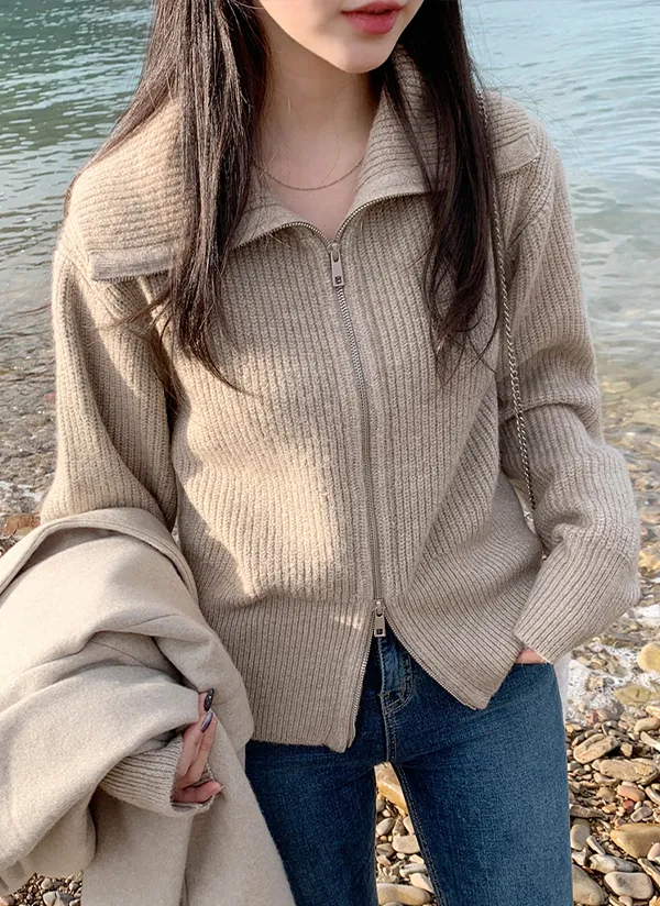 ワイドカラージップアップニットカーディガン | 66girls | 詳細画像1