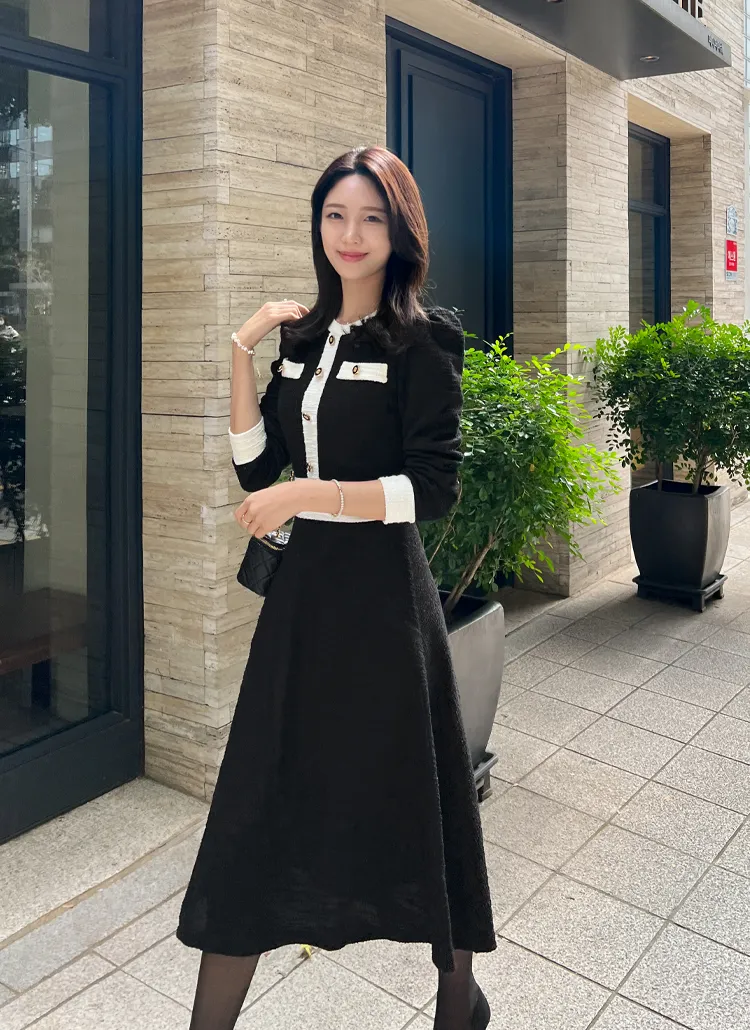 配色ツイードフレアワンピース | レディースファッション通販 - DHOLIC 