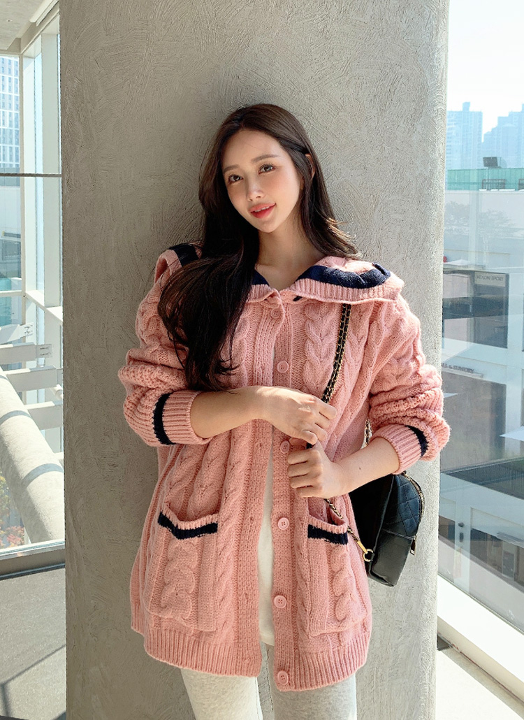 配色ビッグカラーケーブルカーディガン | レディースファッション通販