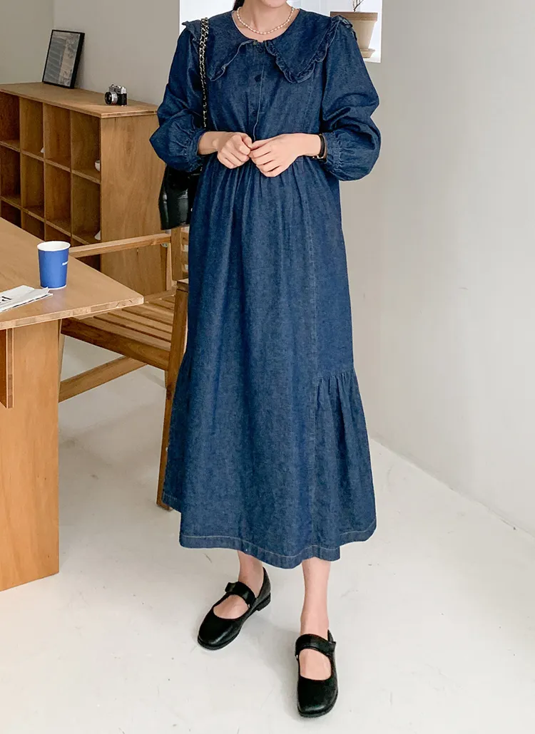フリルセーラーカラーデニムワンピース | レディースファッション通販  
