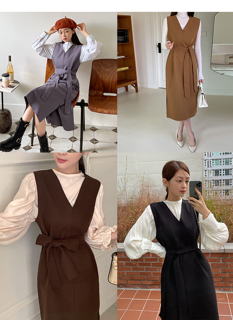 【美品】リズレー　カシミヤ混　変形ノースリーブ　ウールワンピース　紐付き