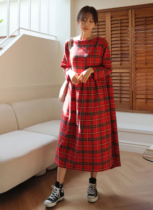 バックボタンタータンチェック起毛ワンピース(レッド) | レディース  