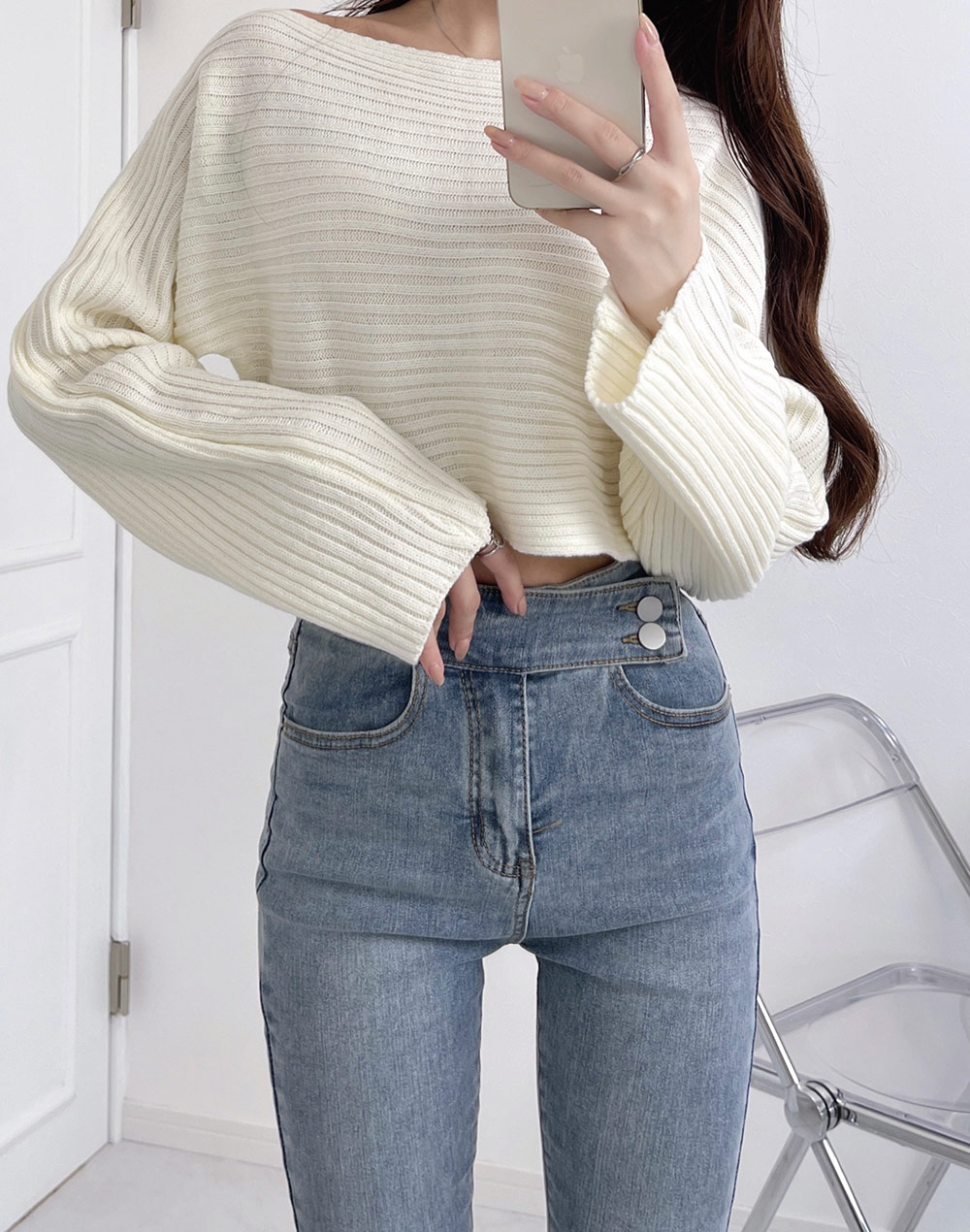 ダブルボタンハイウエストスキニーデニムパンツ | レディース