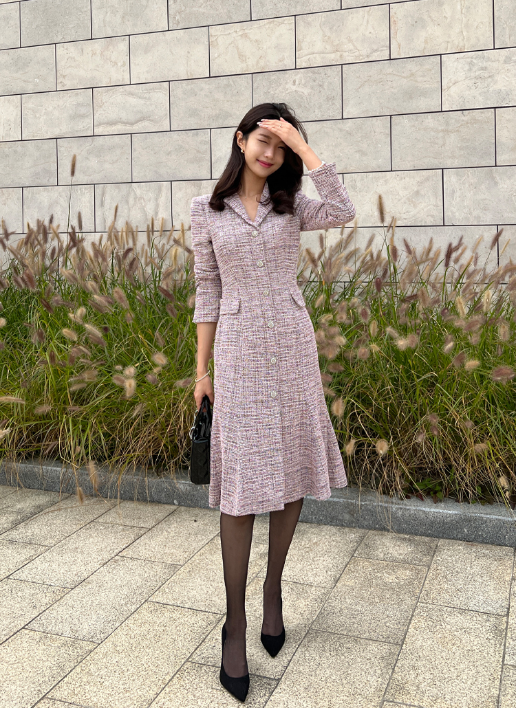 フェイクボタンツイードマーメイドワンピース | レディース