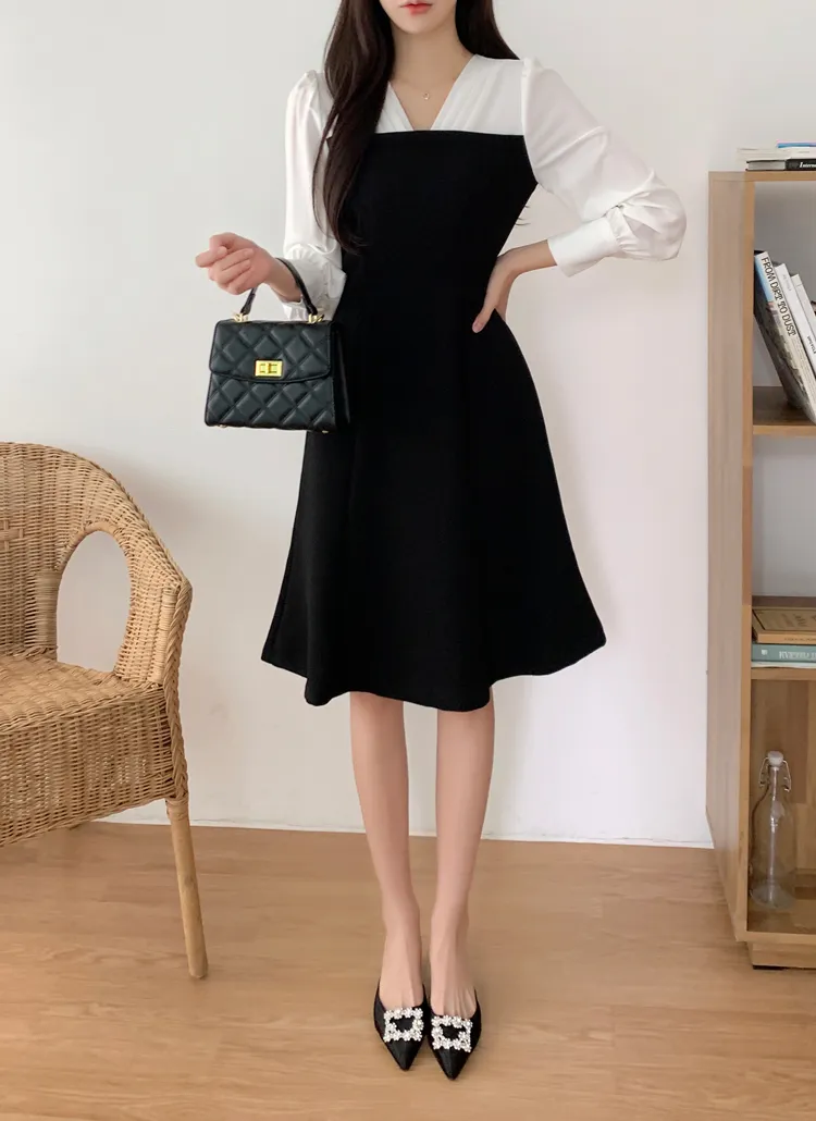 タックVネックコントラストワンピース | classicblanc | 詳細画像1