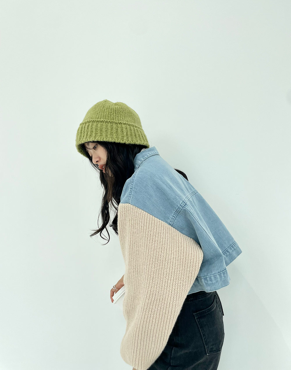 ニットスリーブショートデニムジャケット | レディースファッション