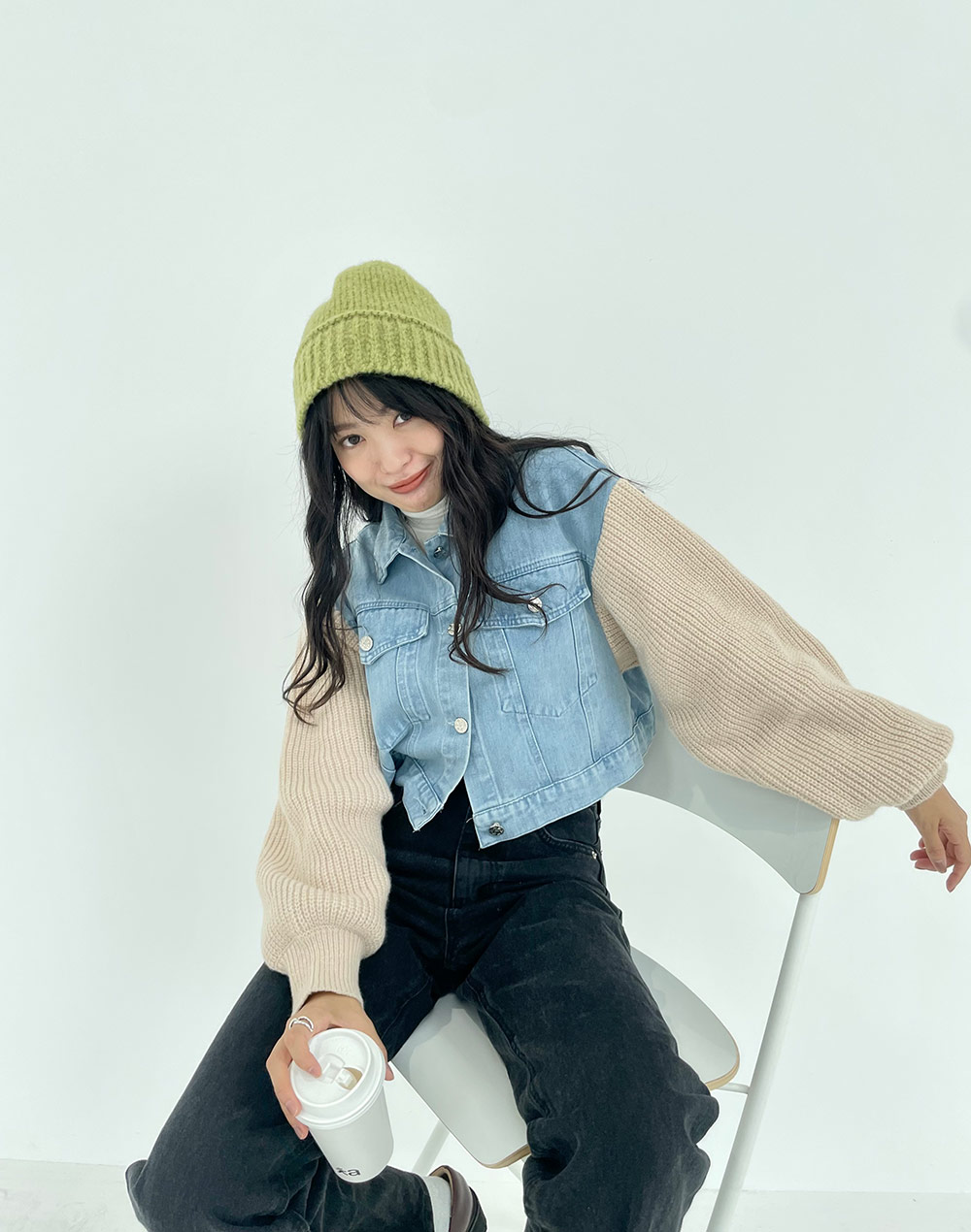 ニットスリーブショートデニムジャケット | レディースファッション