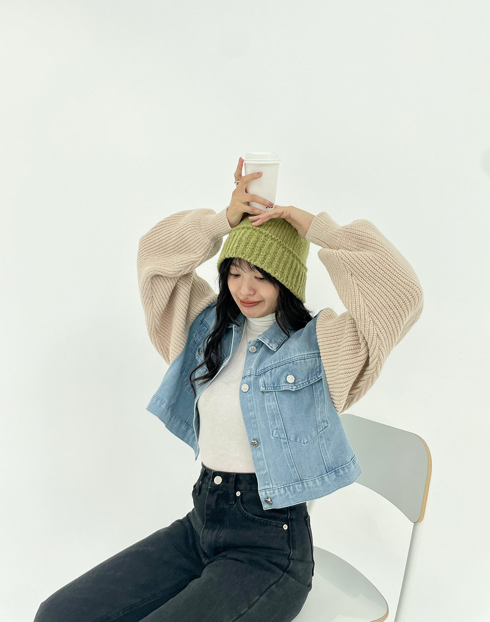 ニットスリーブショートデニムジャケット | レディースファッション