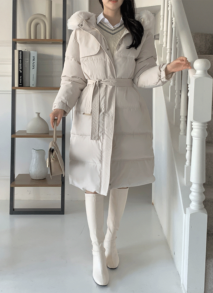 ベルト付フェイクファーフード中綿コート | レディースファッション