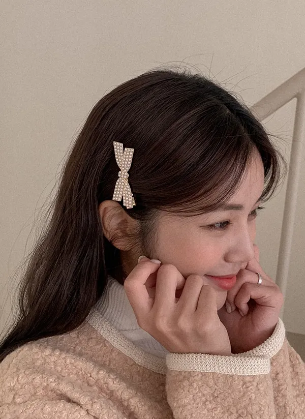 フェイクパールリボンヘアクリップ | qnigirls | 詳細画像1