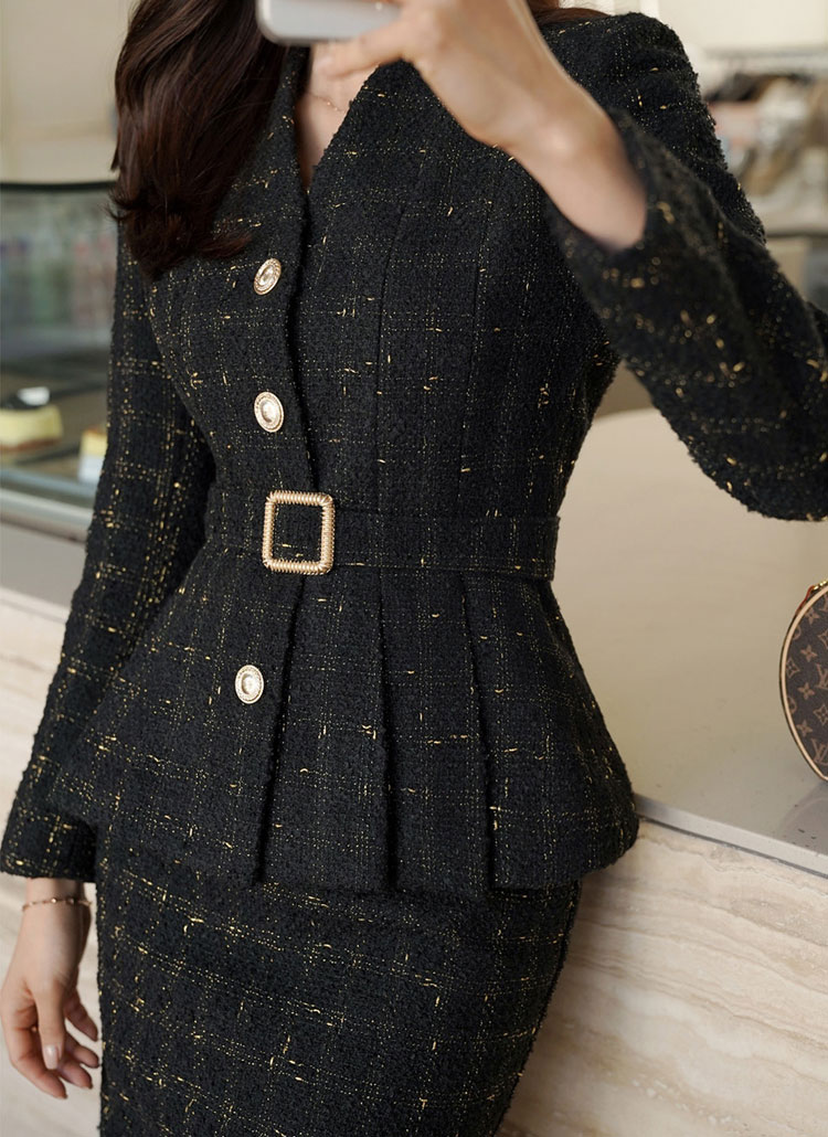 ベルト付Vネックツイードジャケット&スカートSET | レディース