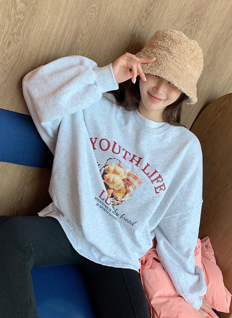 リブラインスウェット 袖プリント トレーナー 裏起毛