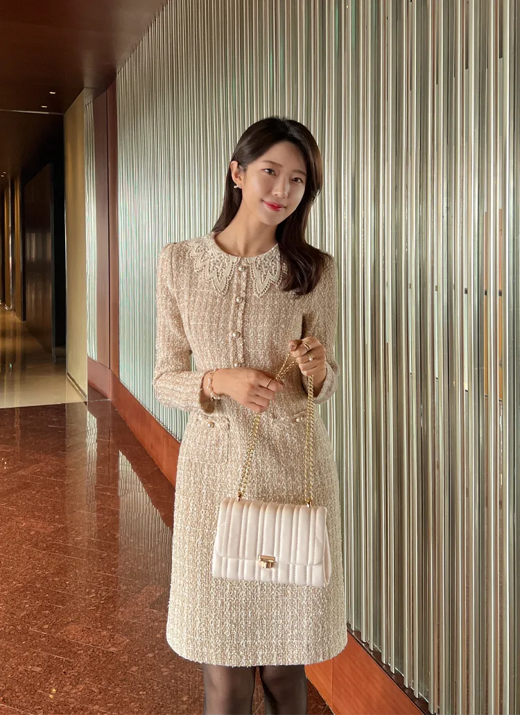 レースカラーツイードワンピース | レディースファッション通販 - DHOLIC 