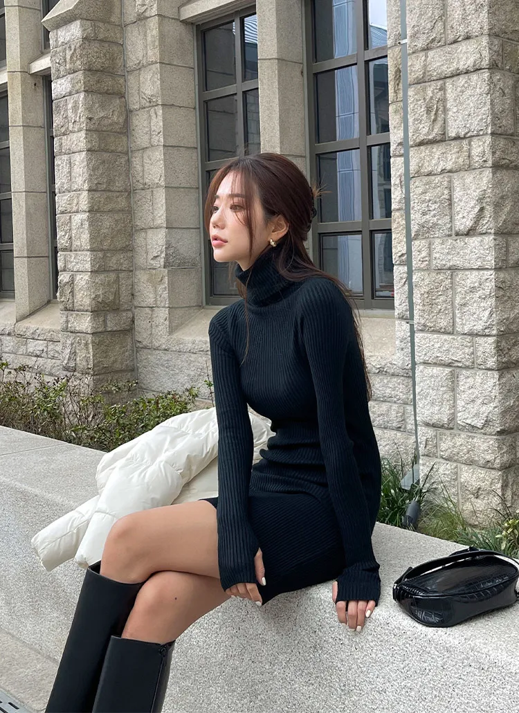 サムホール付きタートルネックニットフレアワンピース グレイル GRL 厳し 