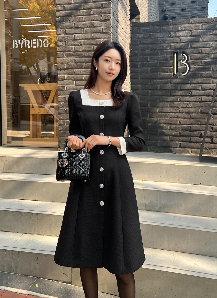 配色スクエアネックツイードワンピース | レディースファッション通販