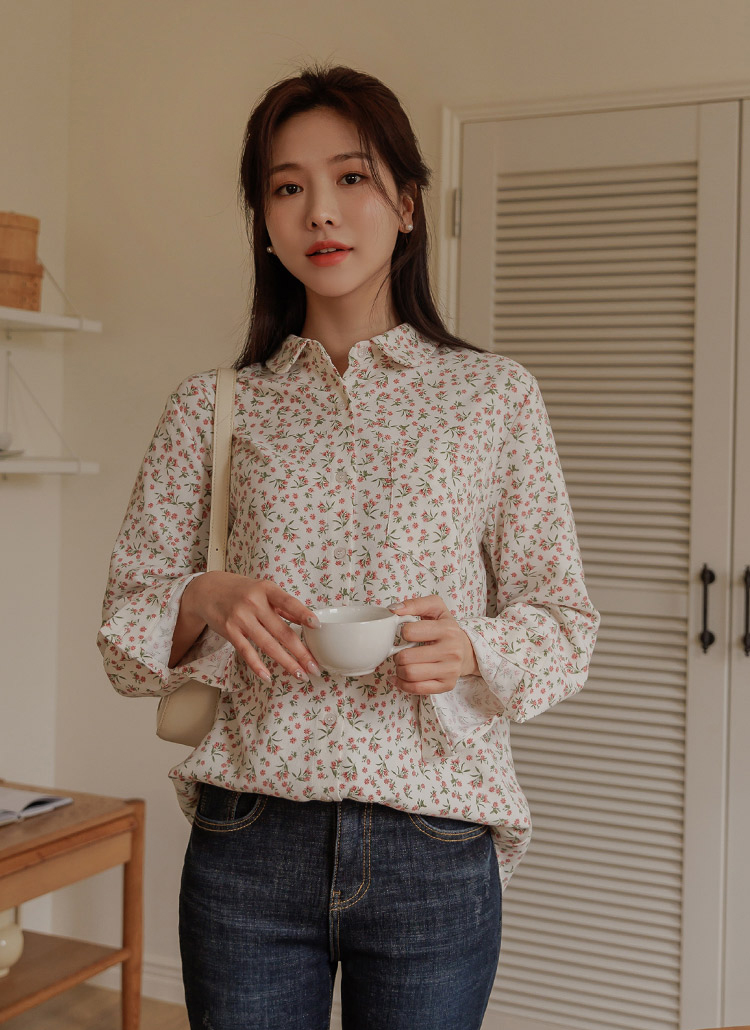 marie claire 花柄 ジップアップシャツ L 起毛花柄シャツ