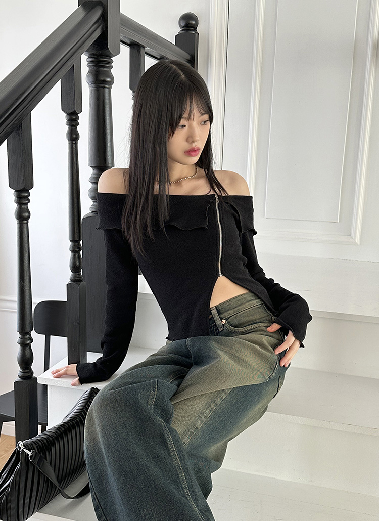 ジップアップアンバランスオフショルニット | レディースファッション