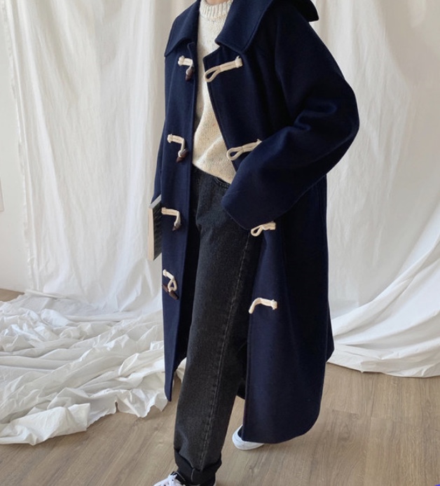 黒 ダッフルコート ウール混合 チェック裏地 ウール混ルーズロングダッフルコート | レディースファッション