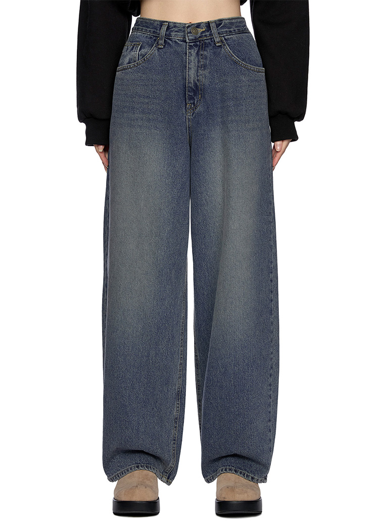 ハイウエストダークブルーデニムパンツ ダークブルーハイウエストデニム