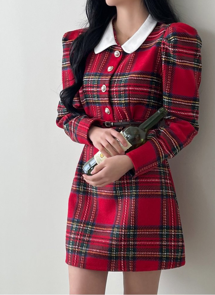 パール調ボタンタータンチェックワンピース | レディースファッション