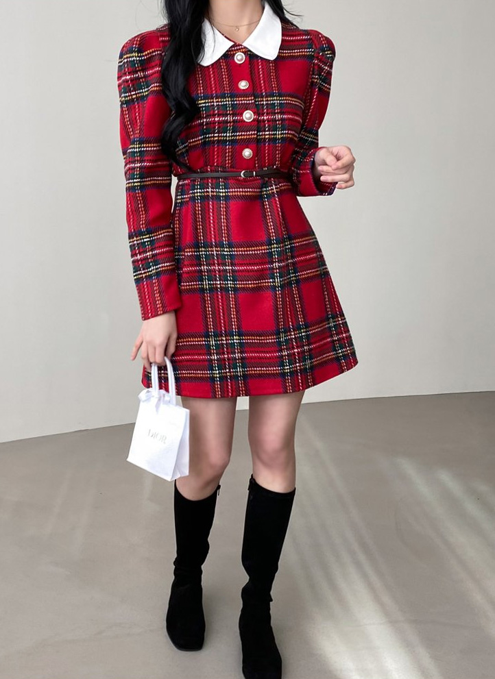 パール調ボタンタータンチェックワンピース | レディースファッション