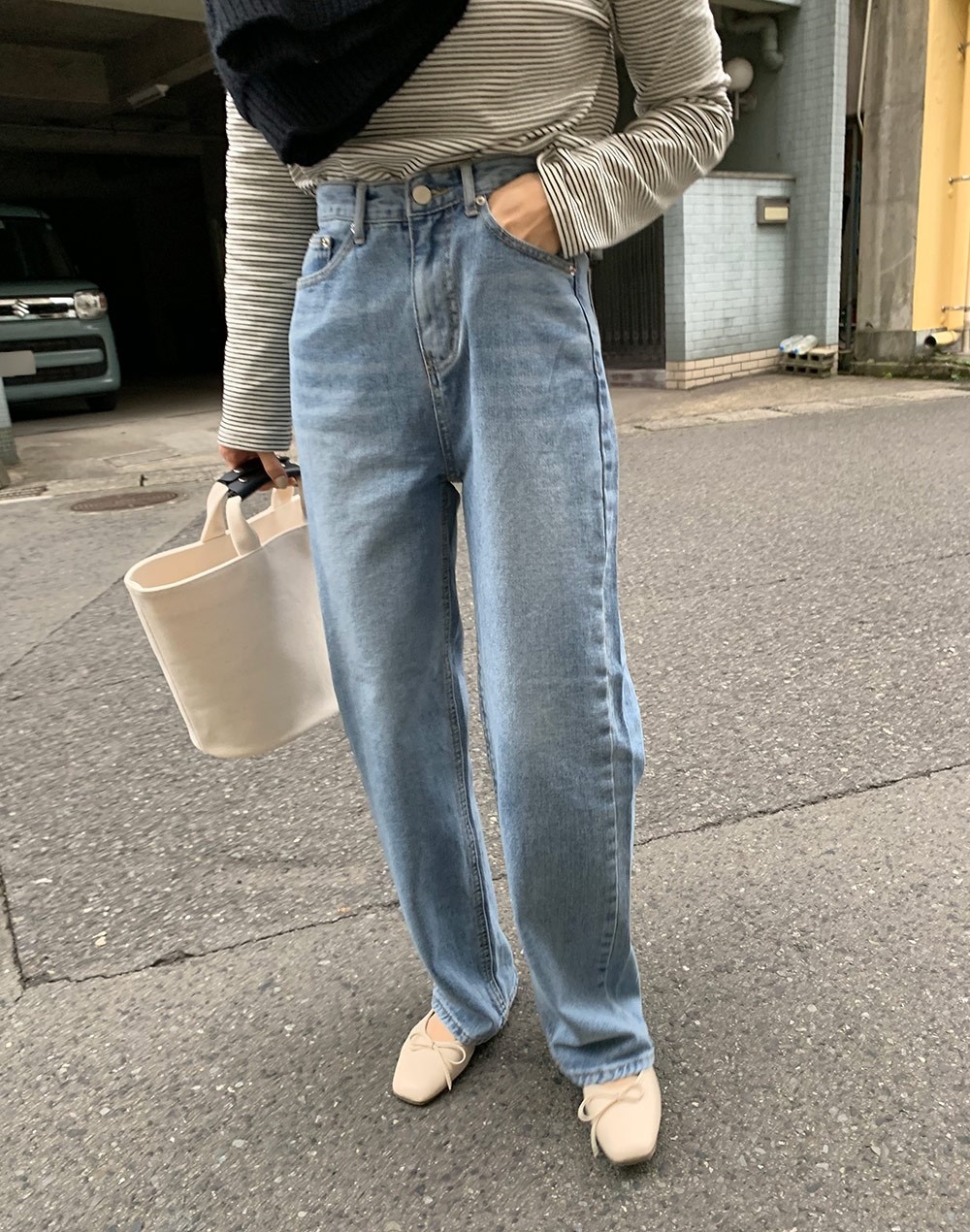 デニムパンツ ストレート お洒落 ハイウエスト シルバーホワイト セール】ラインストーン付き ハイウエスト セミワイド