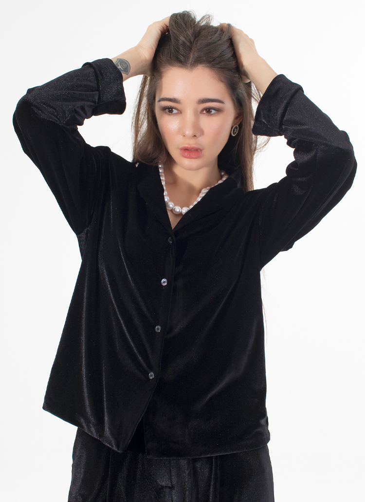 リトルビッグ　オープンカラー　ベロア　シャツ　ブラック オープンカラーベロアシャツ | レディースファッション通販 - DHOLIC