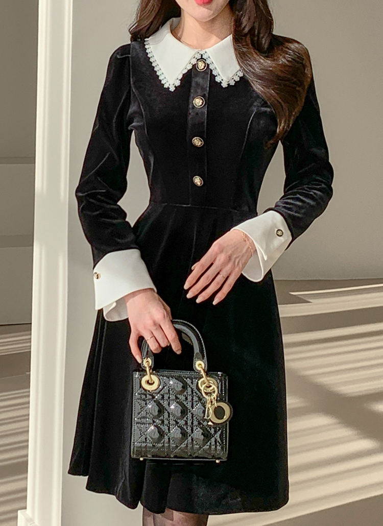 配色レースカラーベロアフレアワンピース | レディースファッション