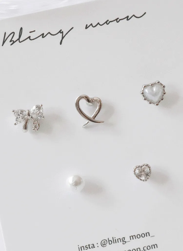 リボンフェイクパールピアス5SET | blingmoon | 詳細画像1