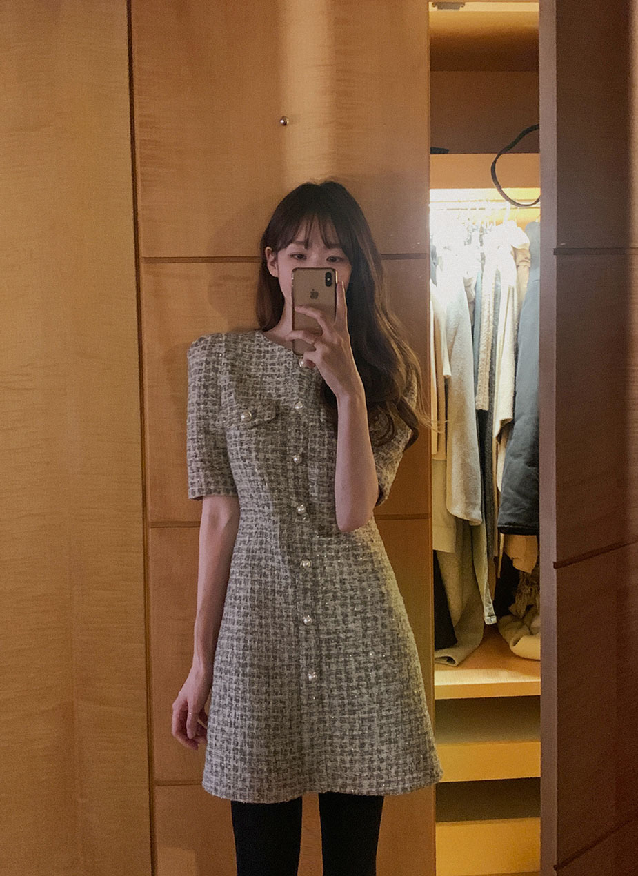 フロントボタン半袖ツイードワンピース | レディースファッション通販