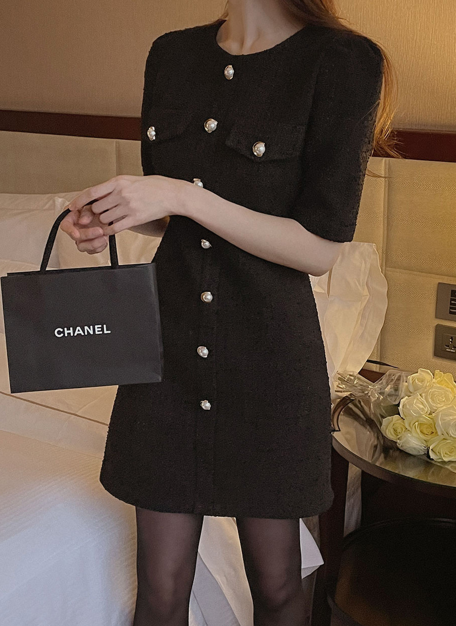 フロントボタン半袖ツイードワンピース | レディースファッション通販