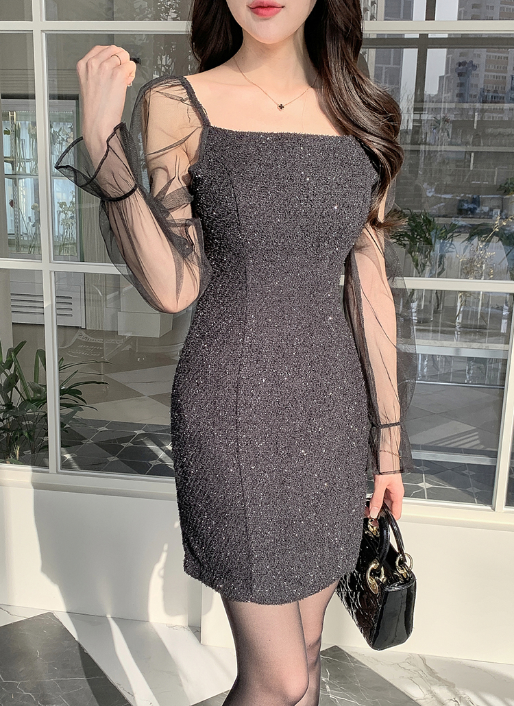 シアースリーブツイードタイトワンピース | レディースファッション  