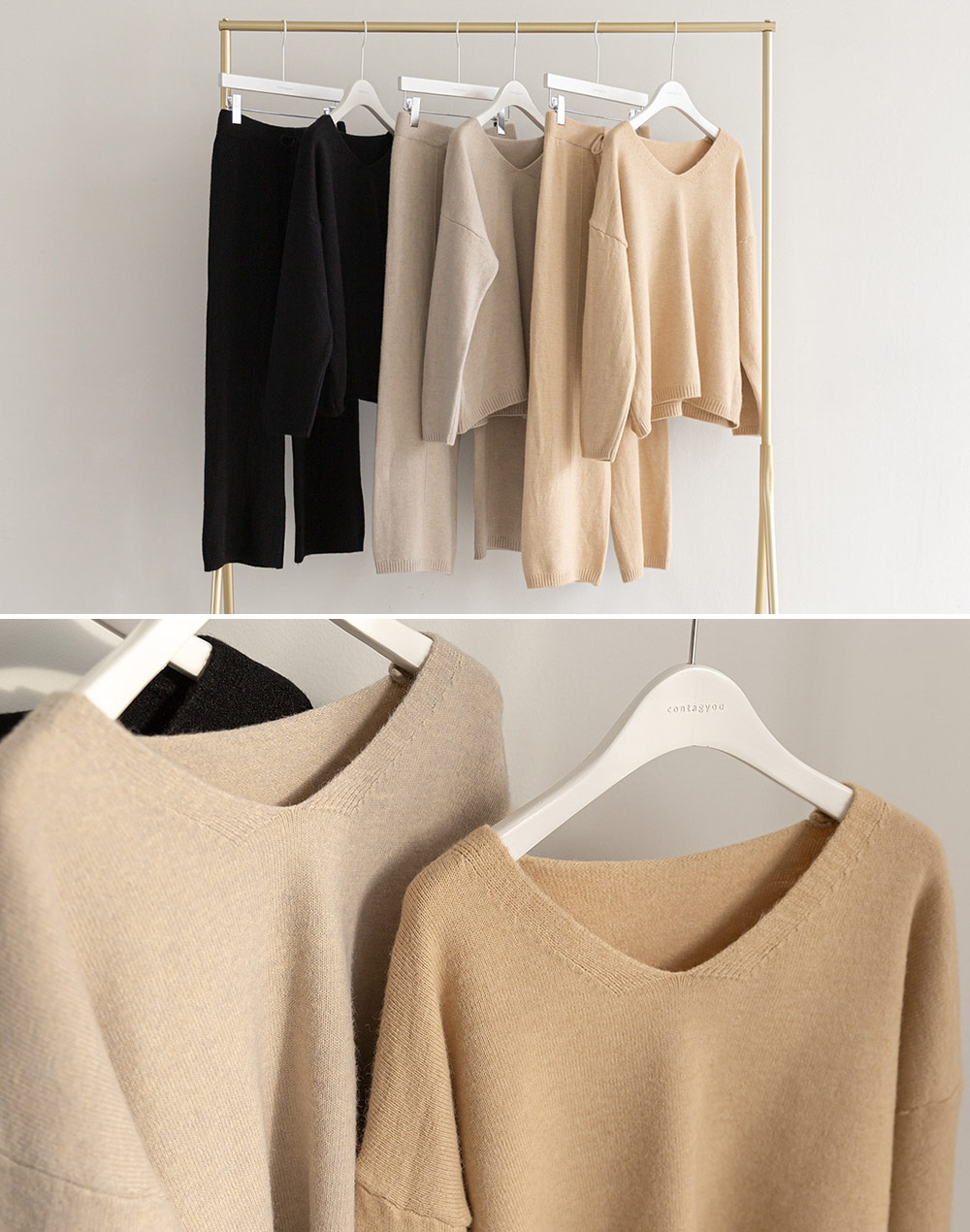 boohoo テクスチャー Vネック ニット ポロ & パンツ 上下セット Cable V neck Knit Shirt ケーブル編みVネックニット ダブル