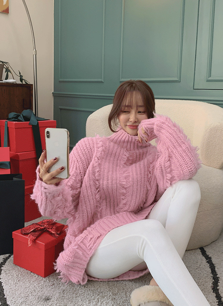 fumika ucida フミカウチダ ピンク ニットワンピース フリンジハイネックニットワンピース | レディースファッション通販