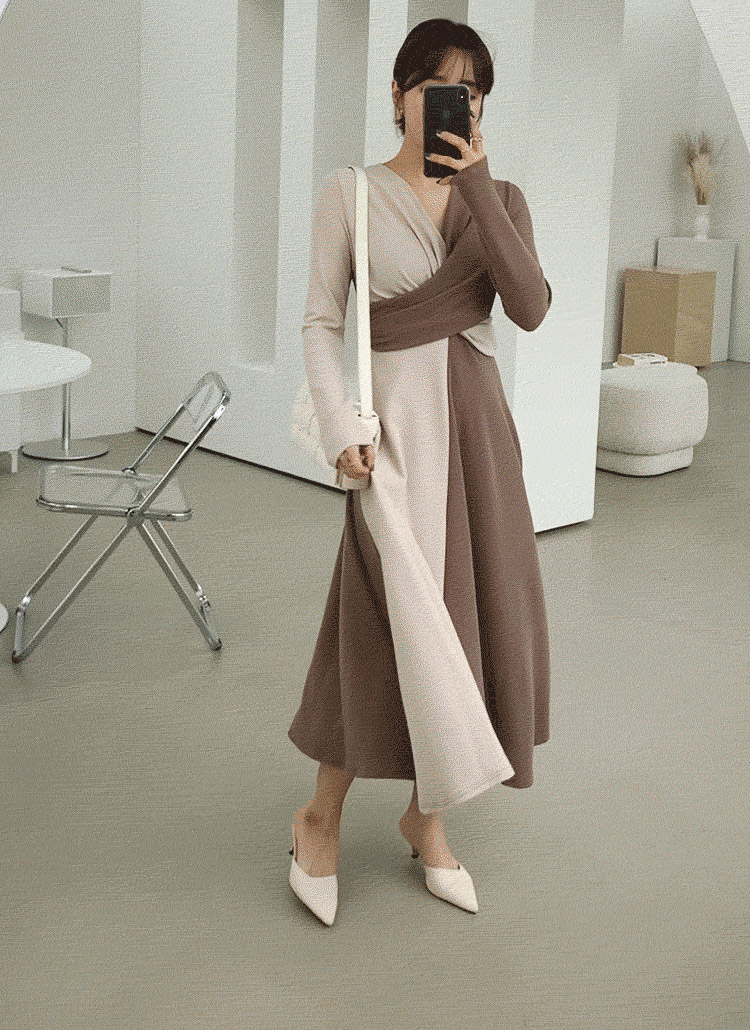 クロスディテールバイカラーワンピース | レディースファッション通販