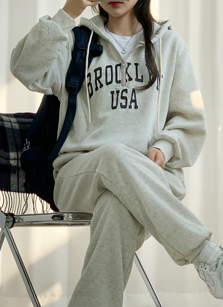45R ぷくぷく裏毛のビックスウェット（パール） 裏起毛ブルックリンハーフジップスウェット上下SET | レディース