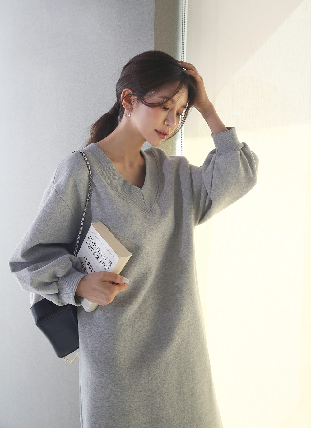 andme ワンピース コットン天竺半袖VネックTシャツワンピース