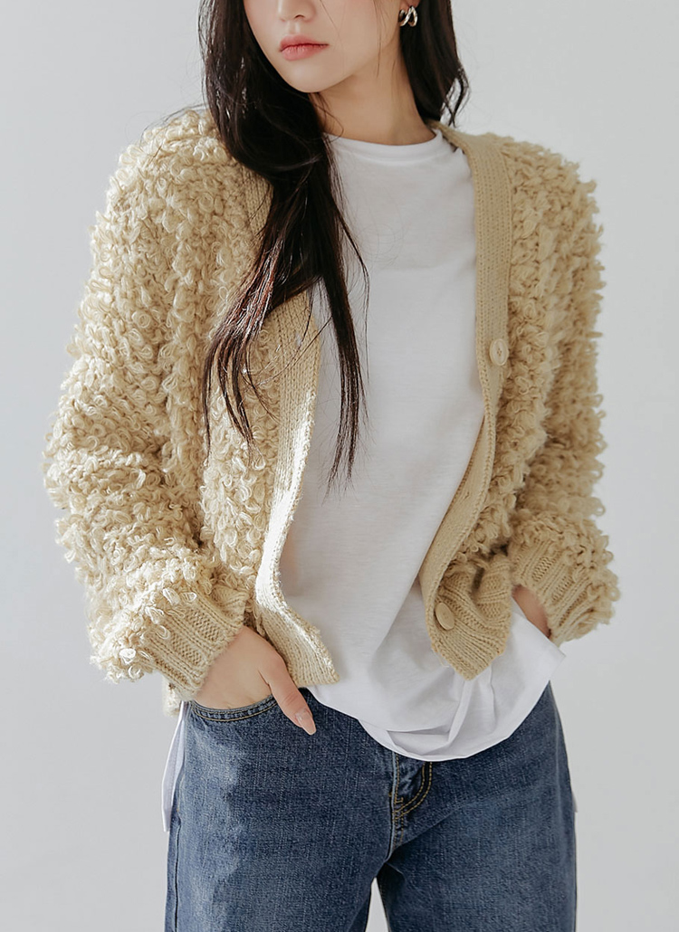 ループカーディガン＊(beige) ELFRANK カーディガン ループ編みニットVネックカーディガン