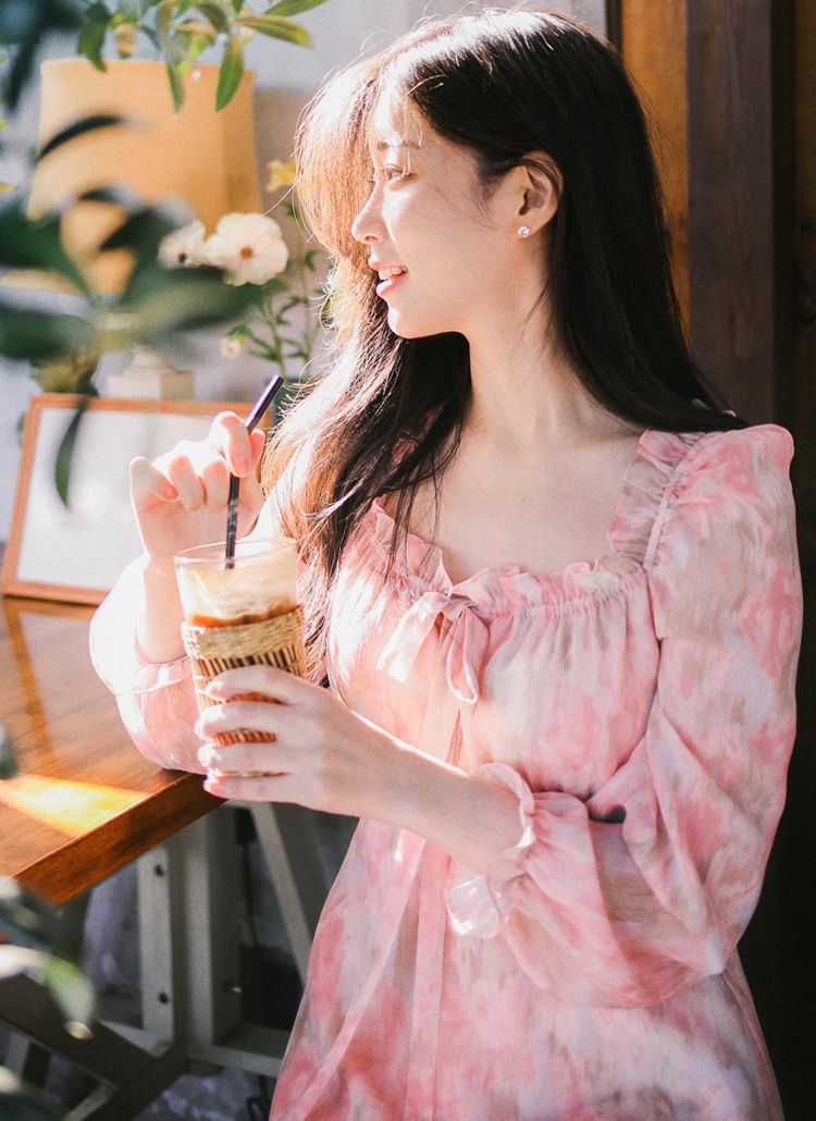 フリルネックフローラルシフォンワンピース(PINK) | レディース