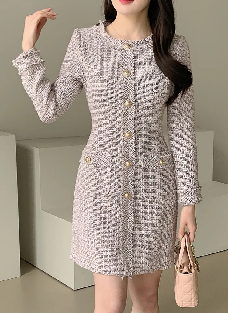 ゴールドボタンツイードワンピース | レディースファッション通販 - DHOLIC 