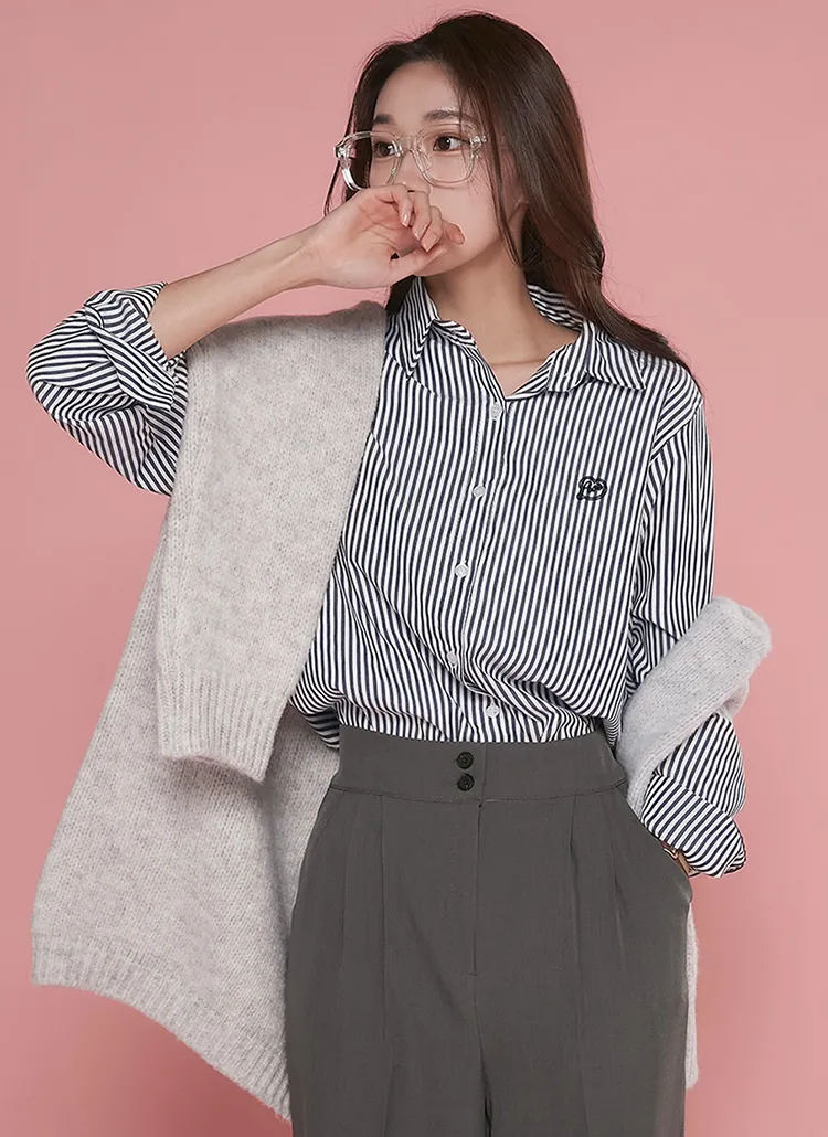 ストライプハート刺繍シャツ | DHOLIC | 詳細画像1