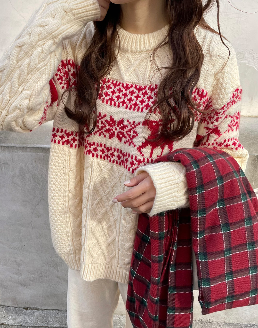 RINALD ヴィンテージ ケーブル チェック マーブル柄 レッド ニット RINALD ヴィンテージ ケーブル チェック マーブル柄 レッド