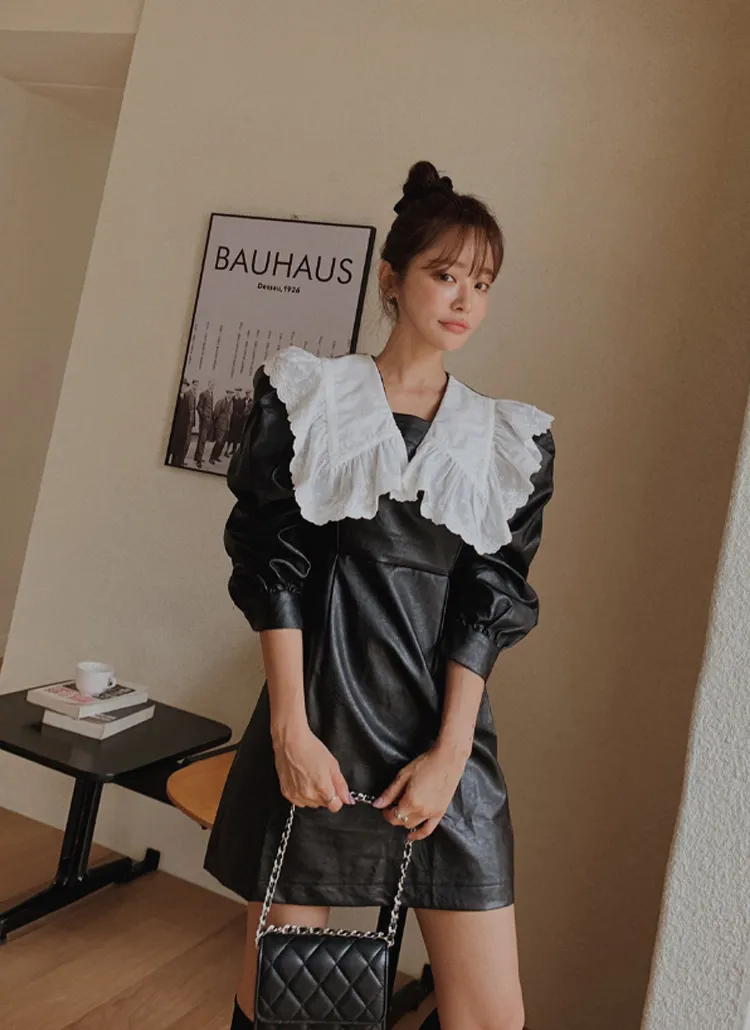 ビッグカラーフェイクレザーワンピース | レディースファッション通販  