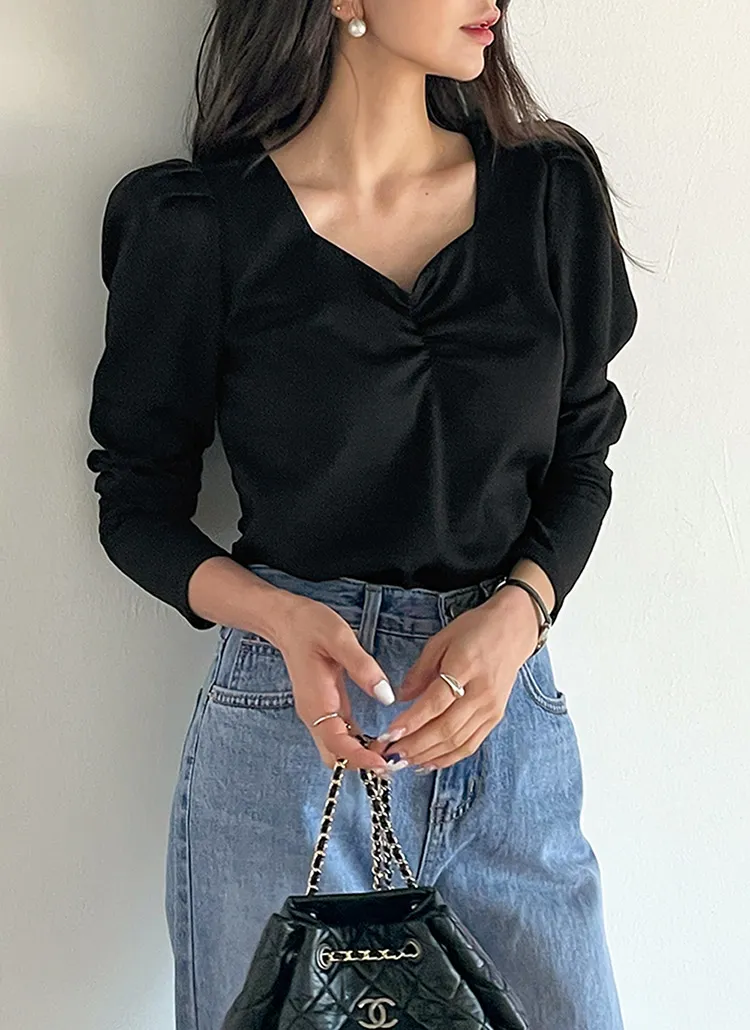 ハートネックギャザー長袖Tシャツ | DHOLIC | 詳細画像1