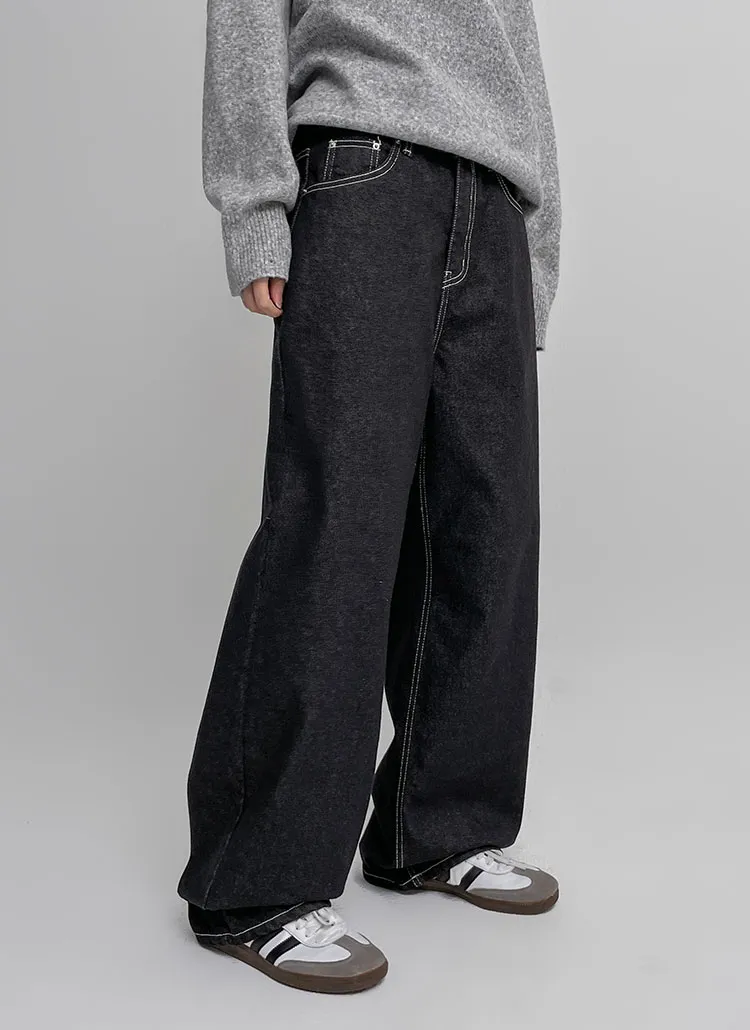 ホワイトステッチブラックワイドデニムパンツ | レディース 