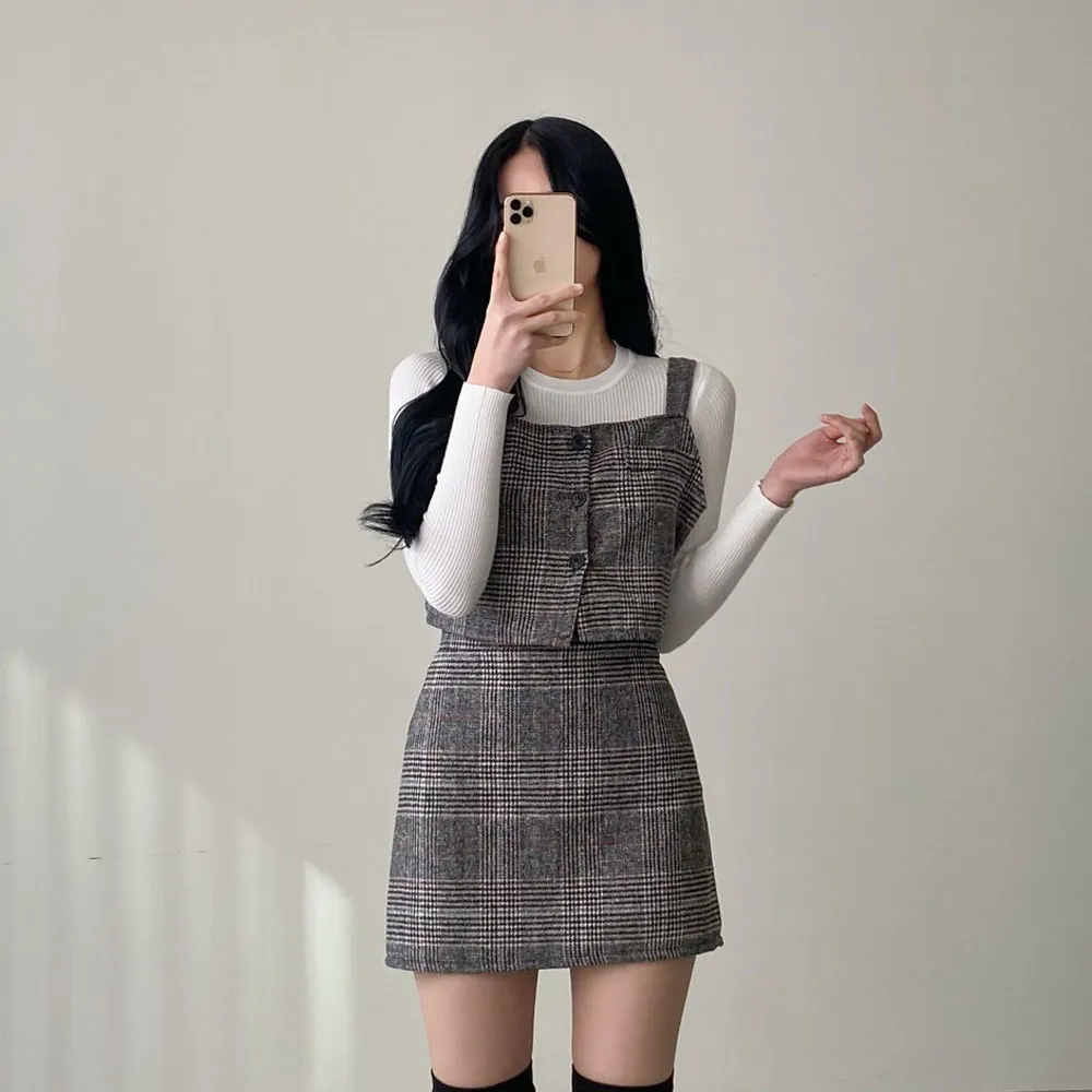 ボタンチェックビスチェ&スカートSET | レディースファッション通販  