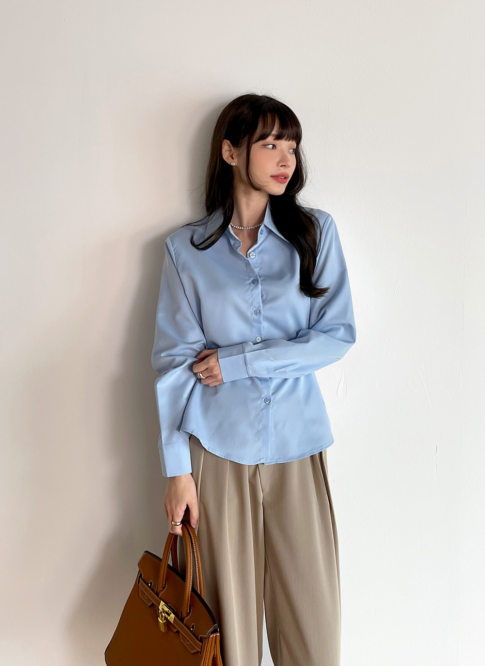 ODDSTUDIO サイドボタンスリムフィットチェックハーフシャツ ミント